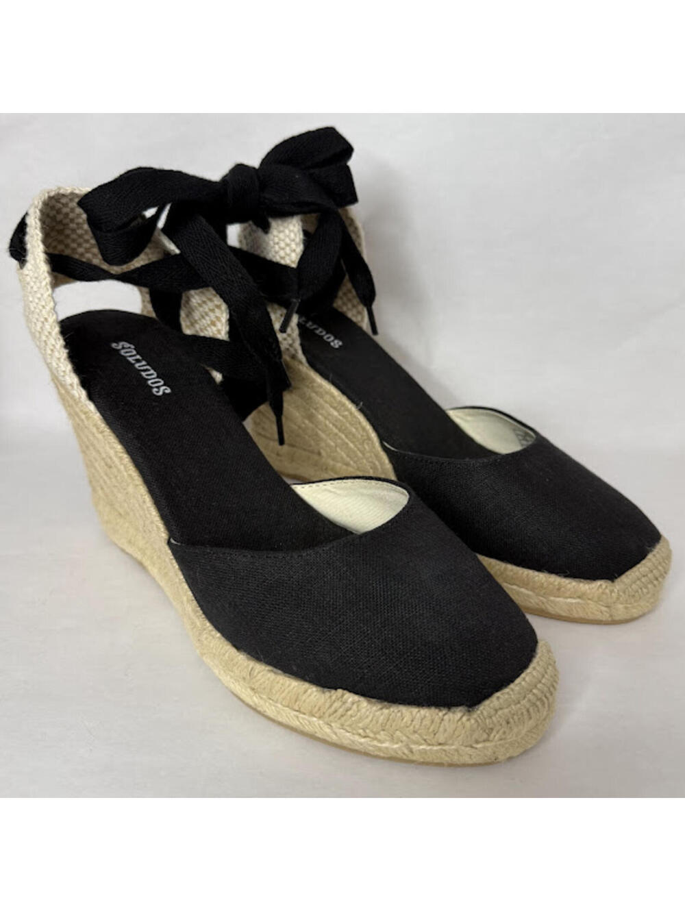 Soludos 7 Marseille Wedge Espadrille Sandals Black Linen With Ankle Wrap Around